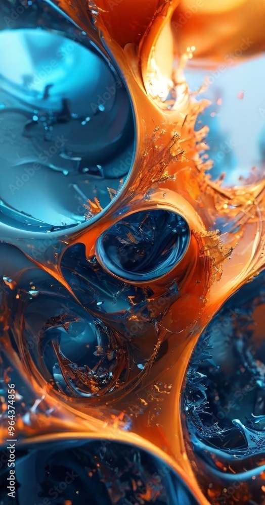Poster a digital art piece featuring a complex, abstract design with swirling patterns of blue and orange h