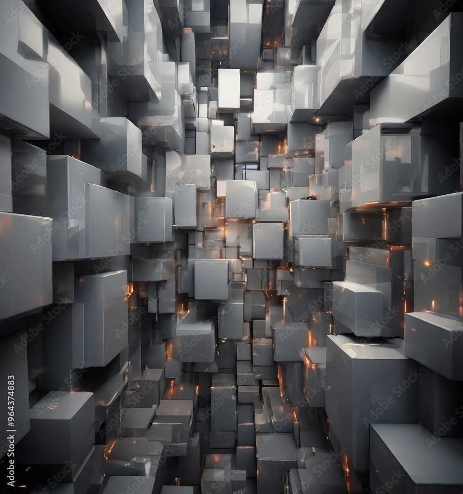 Poster densely packed arrangement of gray cubes, each emitting a warm glow that illuminates the surrounding