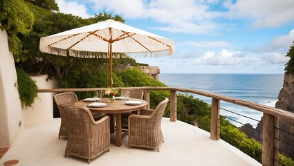 outdoor dining setup on a cliffside terrace overlooking the ocean.
