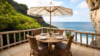 outdoor dining setup on a cliffside terrace overlooking the ocean.