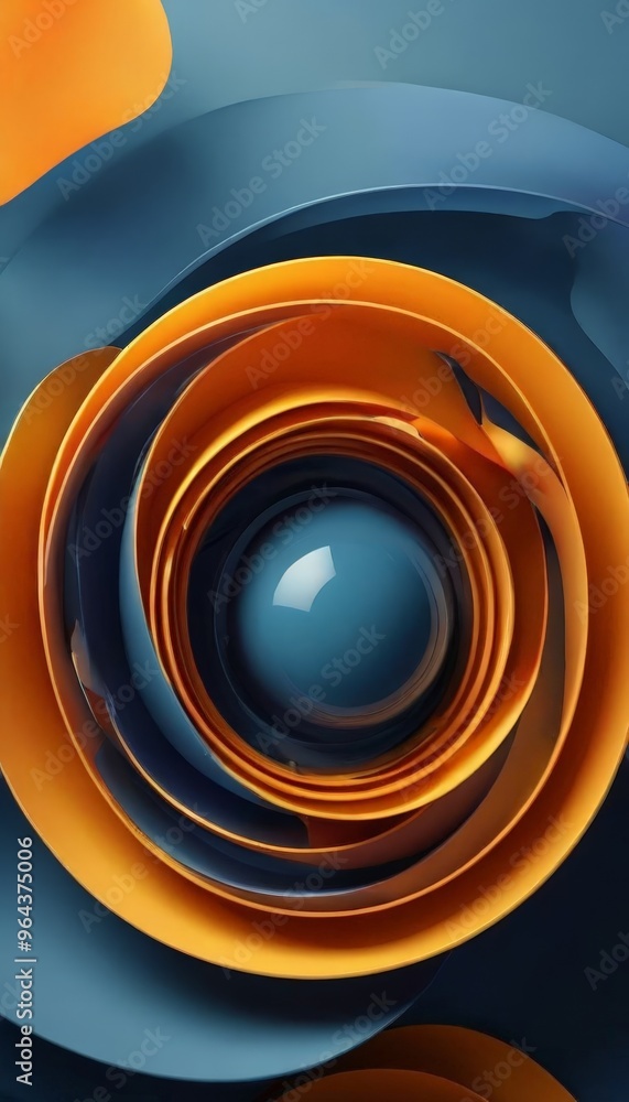 Poster a spherical object with a blue center, surrounded by concentric circles of orange and blue, creating