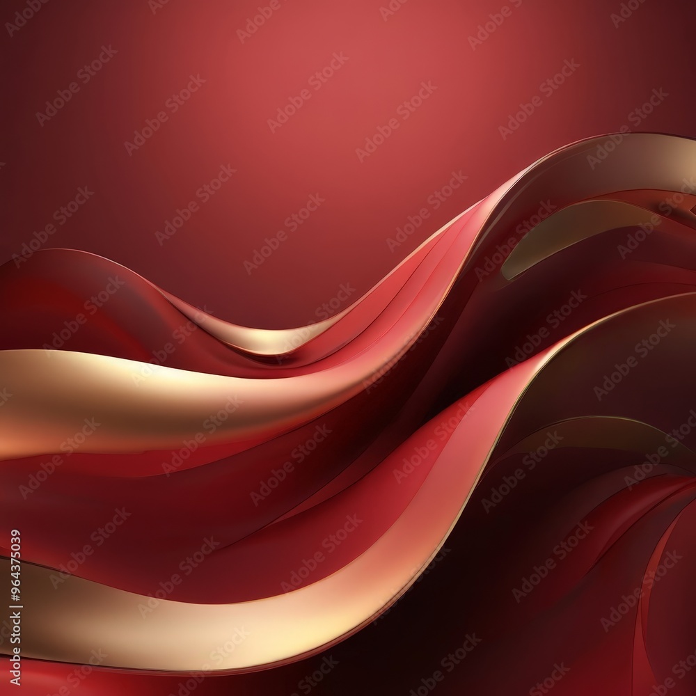 Poster dynamic abstract composition of red and gold waves, with a gradient effect transitioning from deep r
