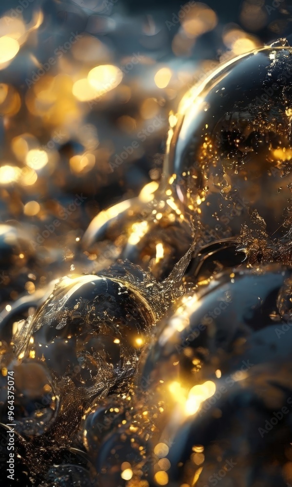 Poster a close-up view of a group of shiny, metallic spheres with a golden hue, creating a and visually str