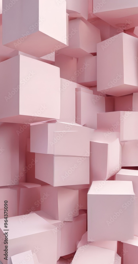 Poster a collection of pink cubes, varying in size and shape, are arranged in a seemingly random yet harmon
