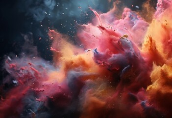 A vibrant explosion of colorful powder particles fills the frame, creating a dynamic and visually striking scene.