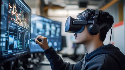 An engineer debugging software in an immersive development environment.