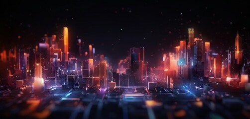 Fototapeta premium A futuristic cityscape with tall buildings illuminated by a myriad of colorful lights, set against a dark background with scattered stars.