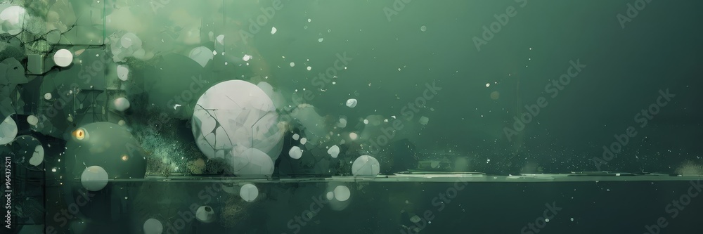 Poster a surreal underwater scene with a large, cracked white sphere surrounded by smaller white bubbles, c