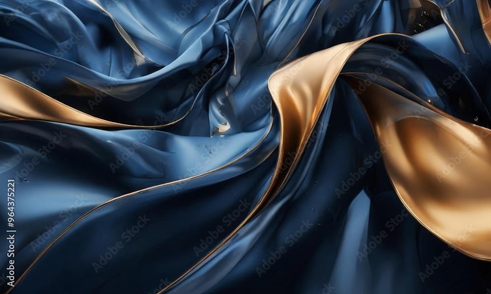 Aufkleber close-up view of a flowing fabric with gold and blue hues, creating a dynamic and textured compositi