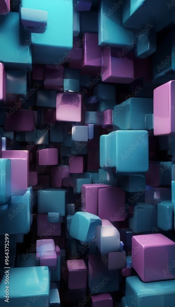 Poster a a complex arrangement of overlapping cubes in various shades of blue and purple, creating a visual