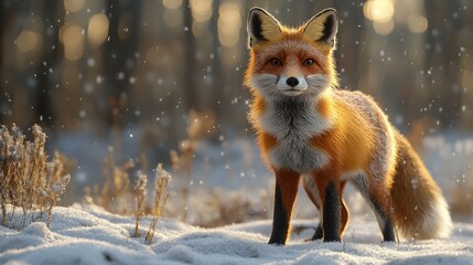 Obraz premium Realistic 3D Representation of a Red Fox Standing Gracefully in Snowy Landscape for Artistic and Educational Uses