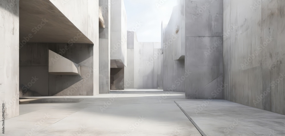 Poster a minimalist architectural structure with a series of concrete walls and columns, creating a sense o