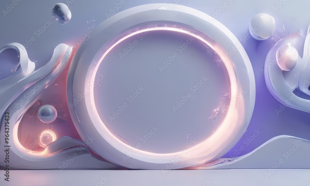 Poster futuristic, abstract design with a large circular element at the center, surrounded by smaller circu