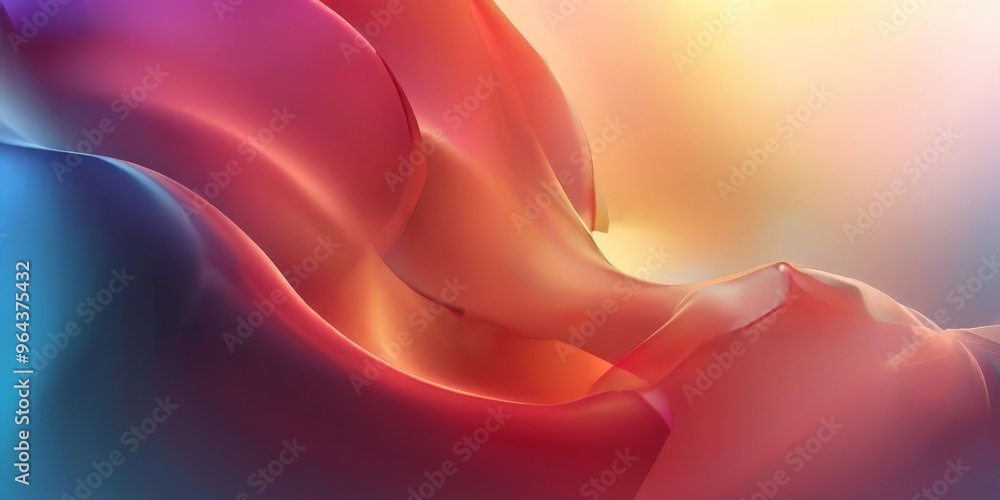 Poster vibrant abstract composition of overlapping, flowing shapes in shades of red, orange, and blue, crea
