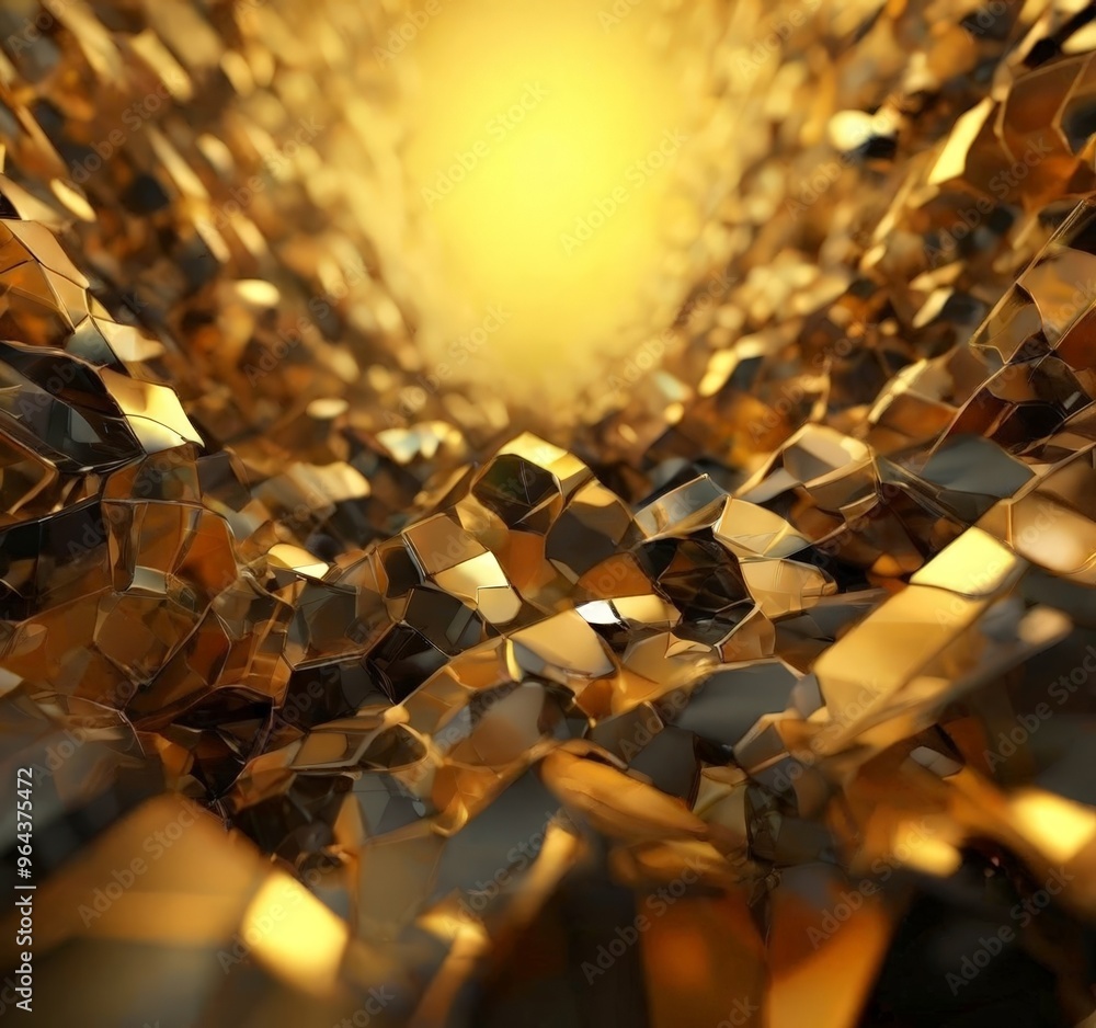 Poster a close-up view of a dense, intricate arrangement of small, irregularly shaped gold and black crysta