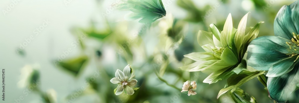 Poster close-up view of a cluster of green and white flowers, with the focus on the delicate petals and the
