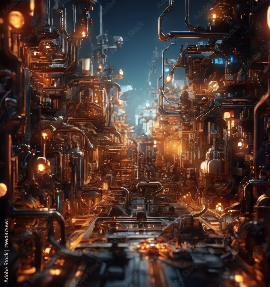 Poster a futuristic cityscape with intricate, glowing pipes and wires forming a complex network, creating a