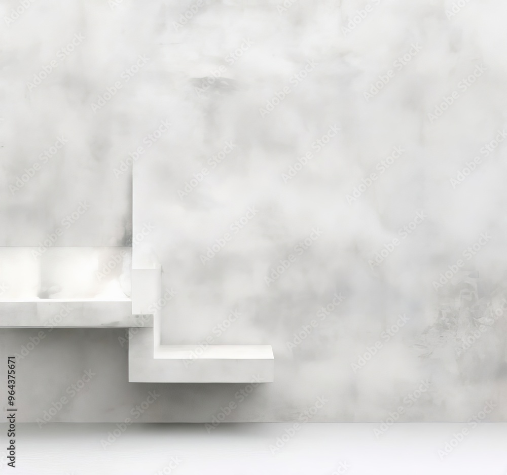 Poster a minimalist white wall with a geometric pattern, featuring a shelf and a window.