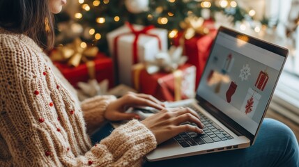 Woman shopping online for christmas gifts on laptop by a decorated tree