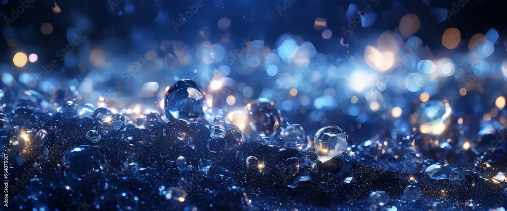 Poster a close-up view of a collection of water droplets scattered across a dark surface, with a bokeh effe