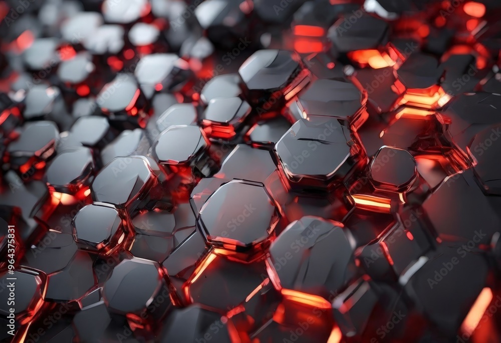 Poster a close-up view of a collection of hexagonal glass pieces arranged in a pattern, with a dark red hue
