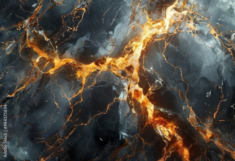 Poster a close-up view of a marble surface with a striking pattern of dark and light gray swirls and lines,