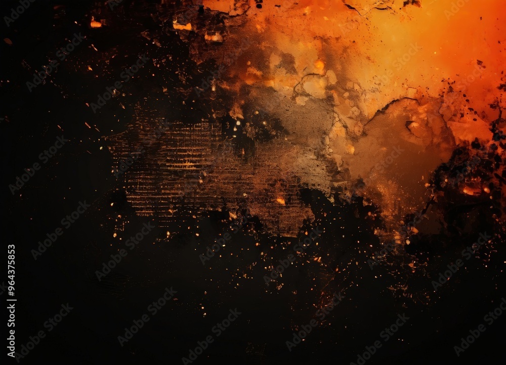 Poster dark, fiery abstract background with a mix of orange, black, and white colors, creating a dynamic an