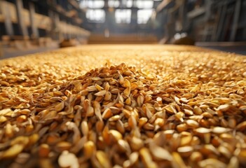 Obraz premium A close-up view of a pile of golden wheat grains, with a blurred background of a warehouse or storage area.