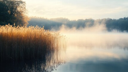 Fototapeta premium Misty reeds, lake. Generative AI