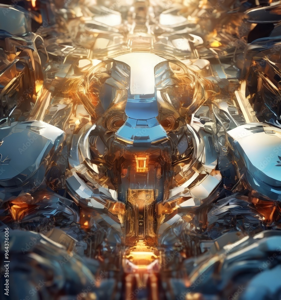 Poster a digital artwork depicting a complex, futuristic structure with intricate details and a vibrant col