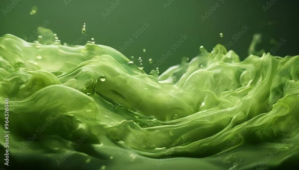 Poster a close-up view of a green liquid, possibly a type of algae or a green substance, with water droplet