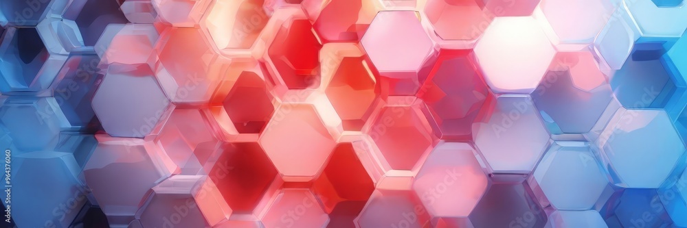 Poster vibrant abstract pattern composed of overlapping hexagonal shapes in various shades of pink, orange,
