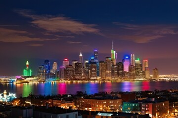 Magical City Skyline with Bright Colorful Lights and Lively Glow