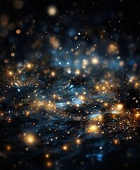 Fototapeta premium a serene night scene with a dark blue body of water, illuminated by a multitude of small, glowing lights that create a mesmerizing, sparkling effect. The lights are scattered