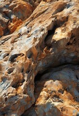 a close-up view of a rocky surface with a mix of orange, brown, and gray colors, featuring a large crevice and a small opening.
