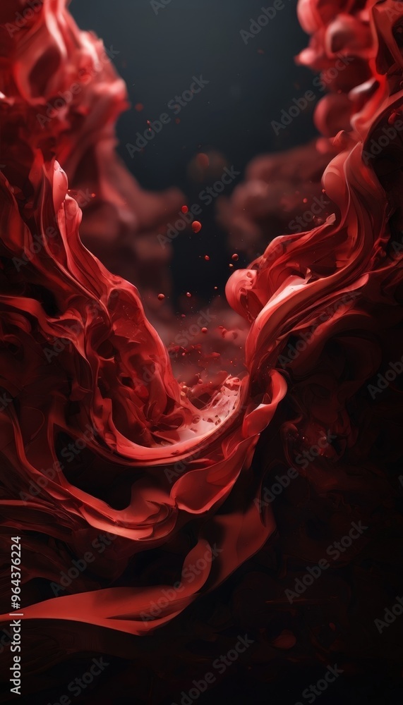 Poster a swirling, red-hued liquid that appears to be in motion, with small droplets scattered throughout, 