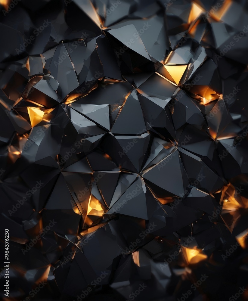 Poster a digital illustration featuring a complex arrangement of black and gold triangular shapes, creating