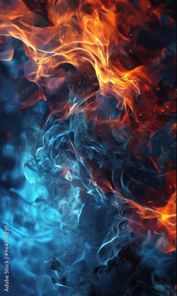 Poster a dynamic and swirling pattern of fiery hues, with the dominant colors being orange, blue, and black