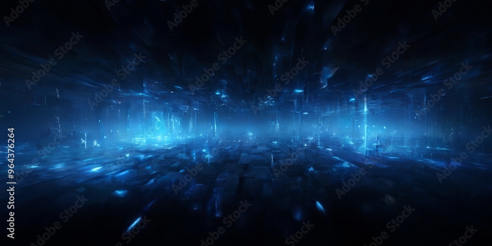 Poster futuristic cityscape, with a grid-like pattern of buildings and structures illuminated by a blue glo