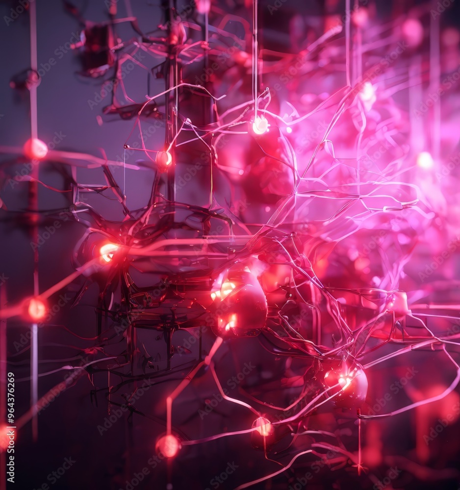 Poster a digital of a complex network of glowing red and pink wires, resembling a web-like structure.