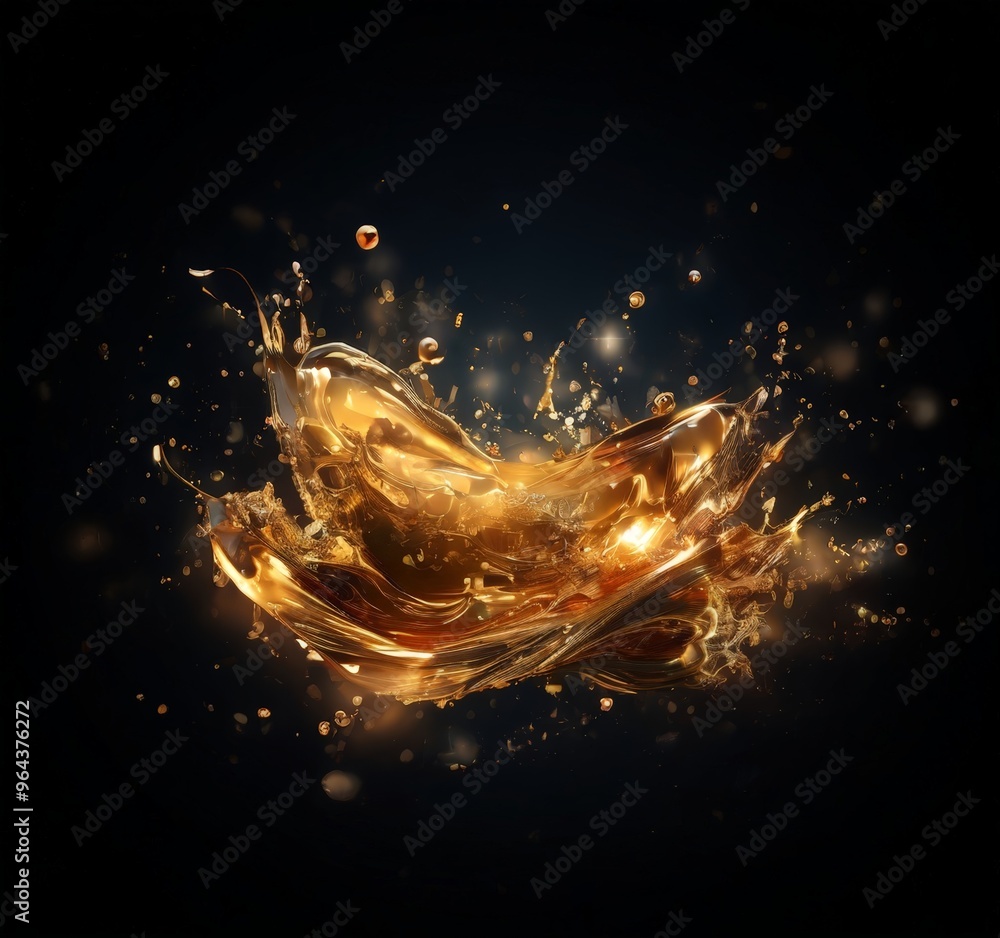 Poster a dynamic scene of golden liquid splashing and swirling against a dark background, creating a sense 