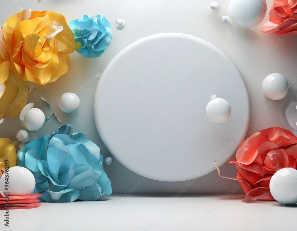 Poster A white circular frame is surrounded by a variety of colorful paper flowers and white spheres, creating a visually striking and abstract composition.