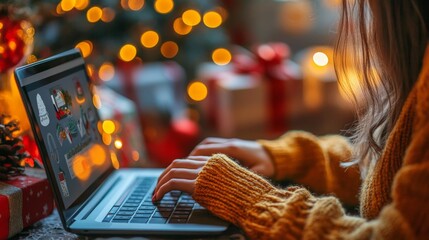 Woman shopping online for christmas gifts on laptop with warm holiday lights