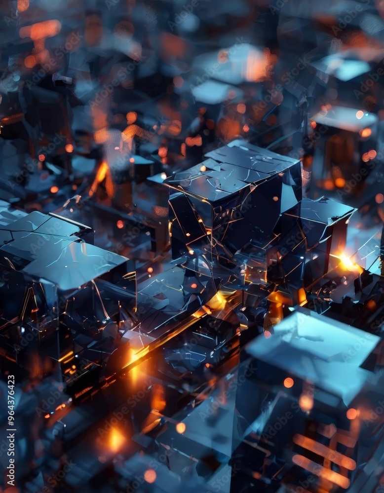 Poster a digital illustration featuring a complex network of interconnected cubes and structures, with a bl