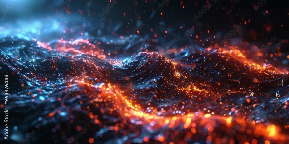 Poster a dynamic, abstract representation of a wave, with a dark blue-black background and a fiery, glowing