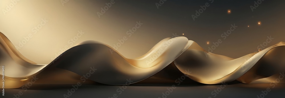 Poster a dynamic, abstract composition of curved, golden lines and shapes against a dark background, creati