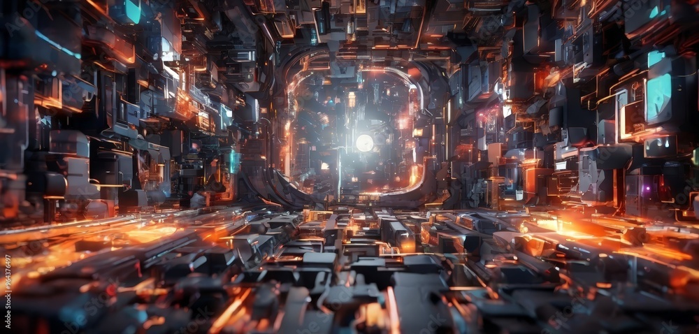 Poster a futuristic, high-tech environment with a complex network of glowing, metallic structures and glowi