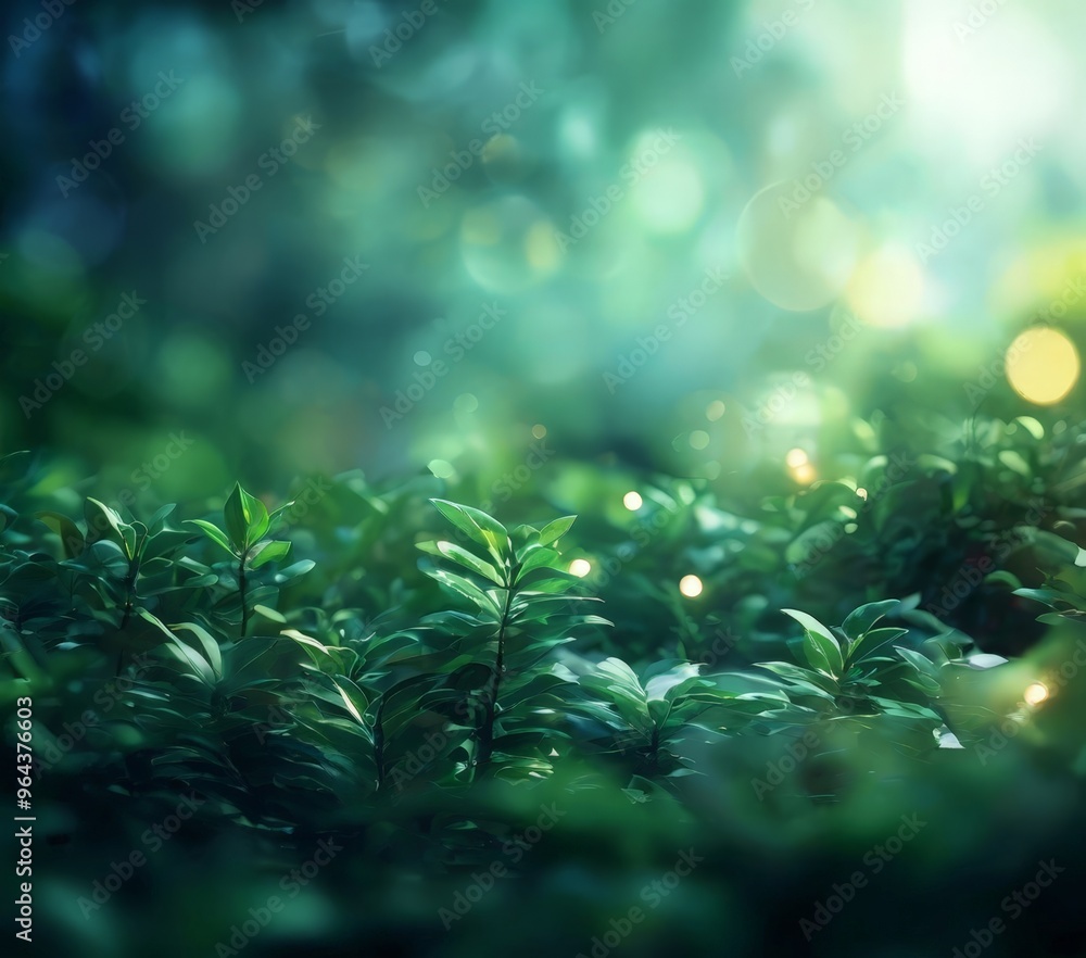 Poster a lush, verdant forest scene with a dense thicket of green foliage, including leaves and branches, c