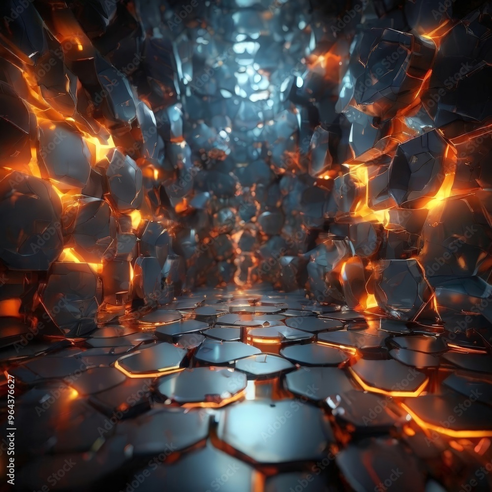 Poster a digital art piece featuring a fiery, hexagonal pattern of glowing orange and black elements, creat