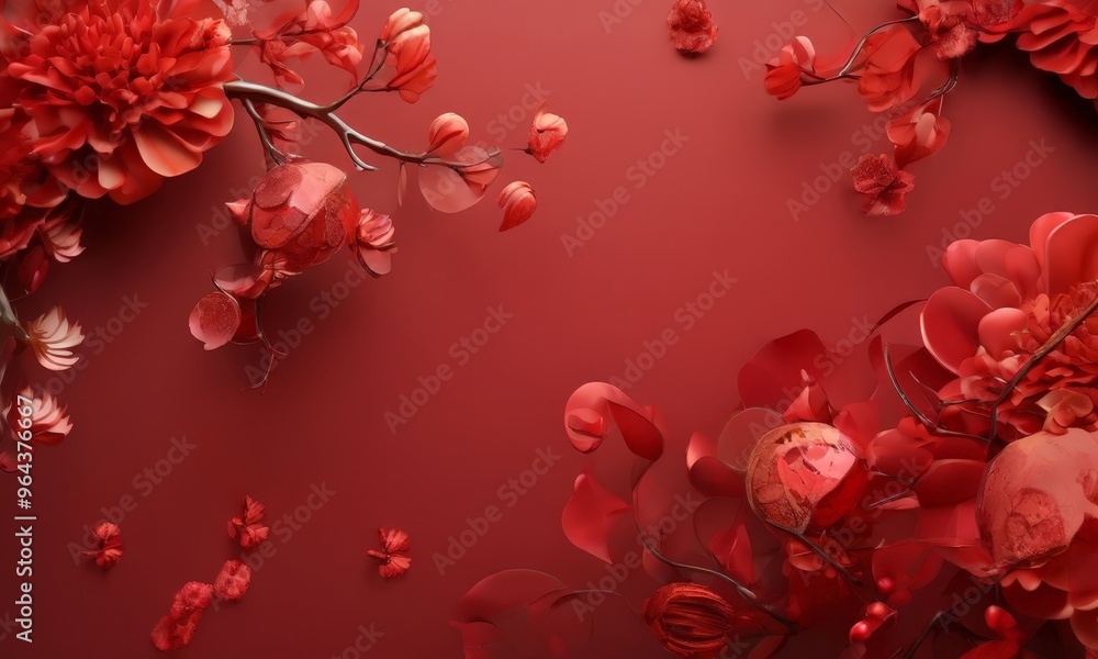 Poster vibrant red background with a variety of red flowers and leaves scattered throughout, creating a vis